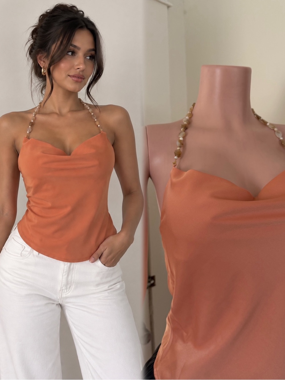 Women's peach Beaded-Strap Cowl Neck Top